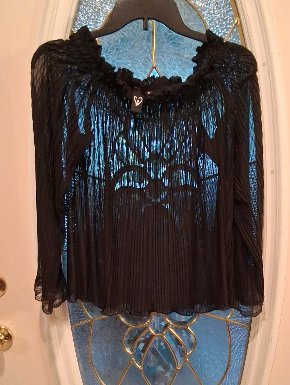 Vintage Black Sheer Pleated Ruffle-Neck Blouse